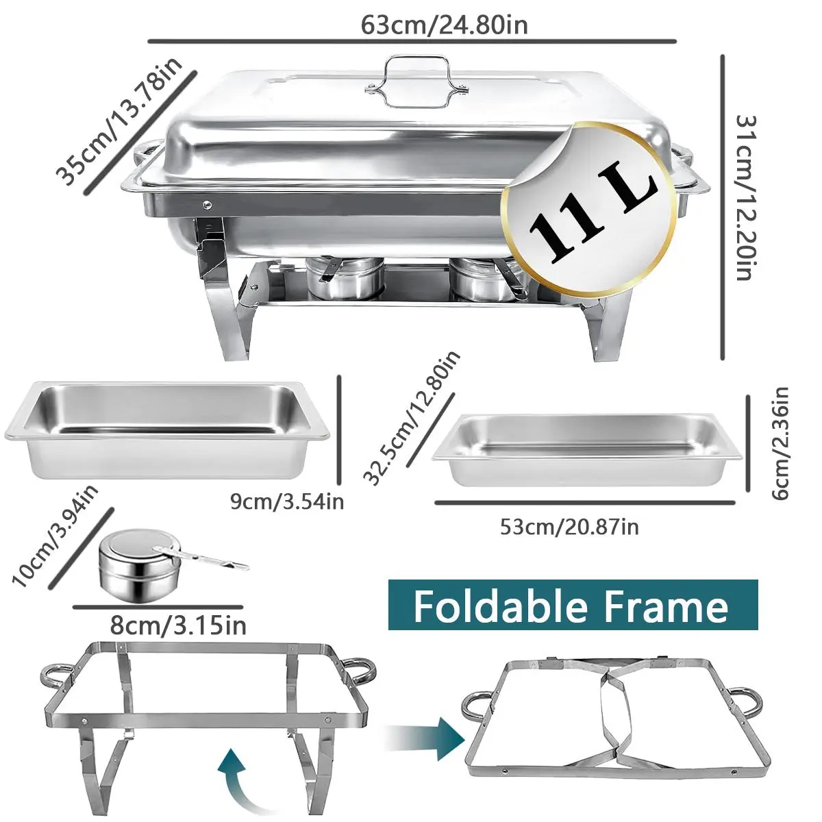 Stainless Steel Heating Plate Set with Lid - Full Size, Rectangular Food Insulation Plate for Catering, Parties and Weddings - Includes Water Plate and Fuel Holder Bakeware