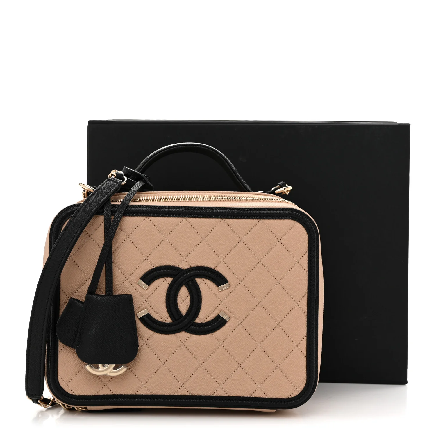 Caviar Quilted Large CC Filigree Vanity Case Beige Black - Top Club