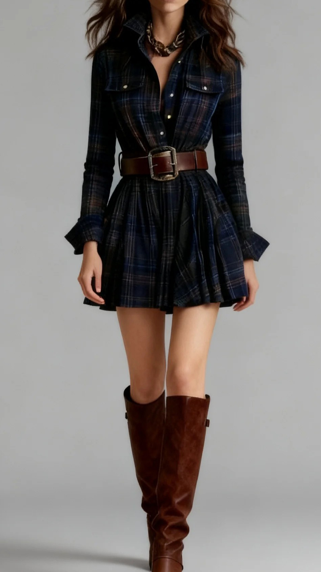 Women's Cotton‑blend Plaid Long‑sleeve Lapel Belted Pleated Mini Dress - Nordfashionstorm - Women's Clothing, Fashion for You - Nordfashionstorm.com