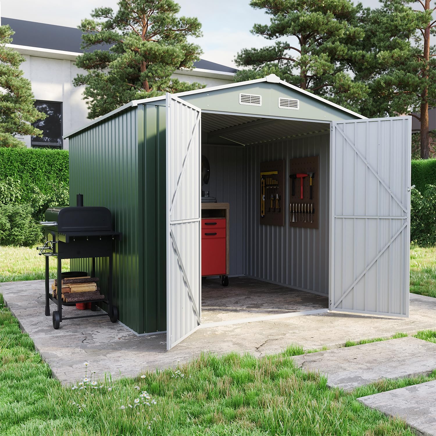 Casetta Da Giardino In Acciaio Zincato 2,56x2,56xh2,16m, 6,55mq, Deposito Attrezzi con Tetto Spiovente, Porta Battente (Verde)