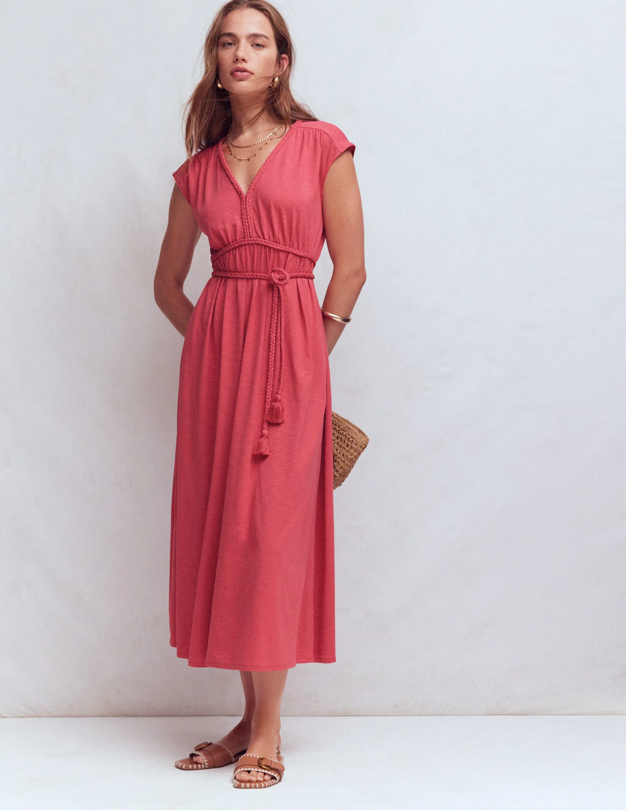 Heidi Gerafftes Jerseykleid mit Kordel-Winter Puderrosa