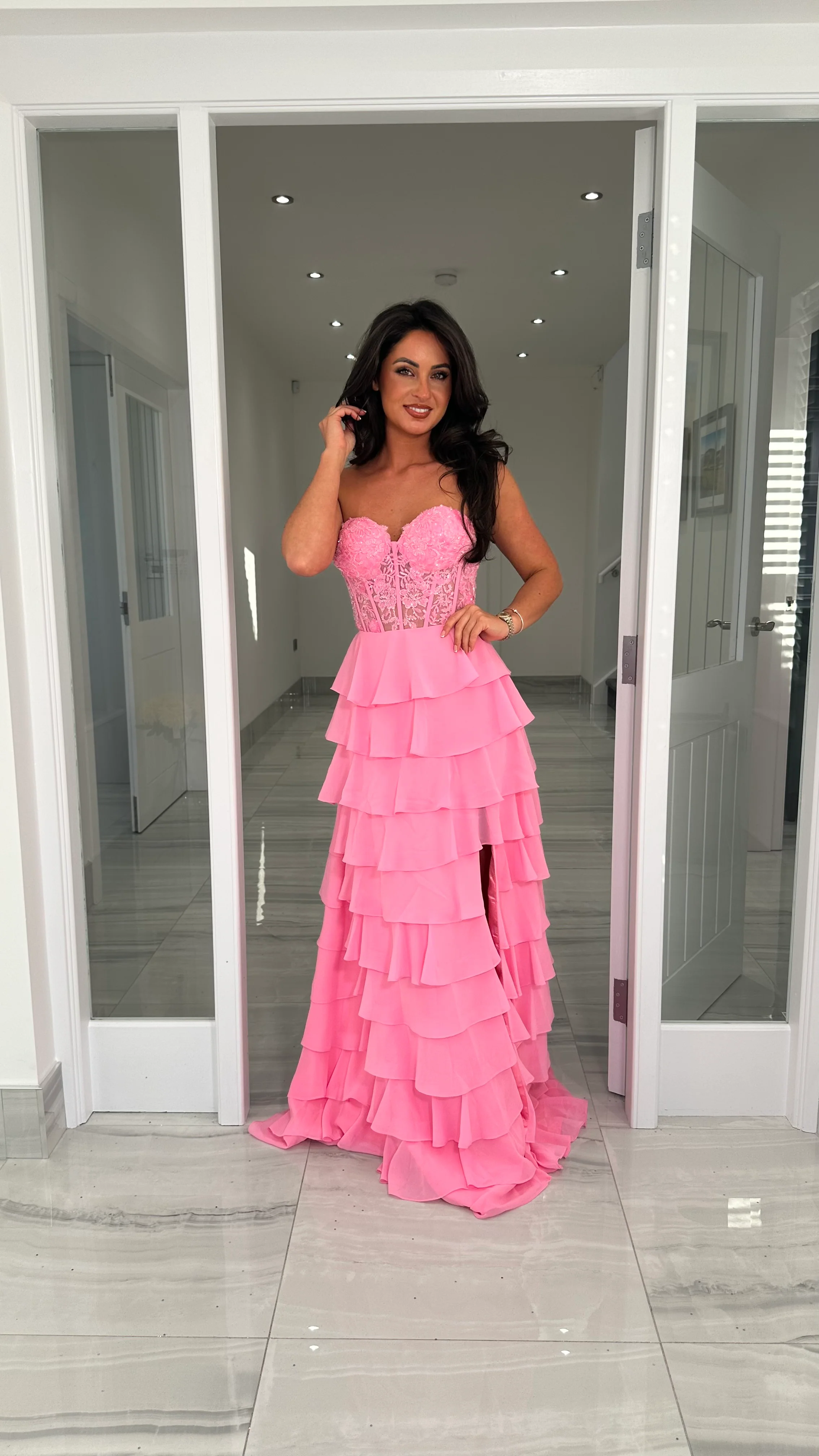 Pink Strapless Sweetheart Ruffle Skirt Gown