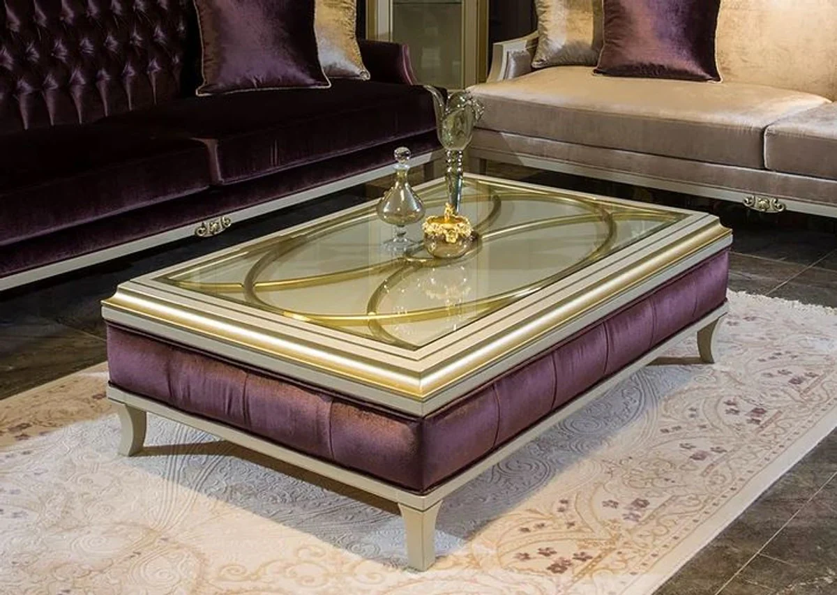 Luxury baroque coffee table white / purple / gold 130 x 85 x H. 39 cm - Noble solid wood living room table with glass top - Baroque living room furniture