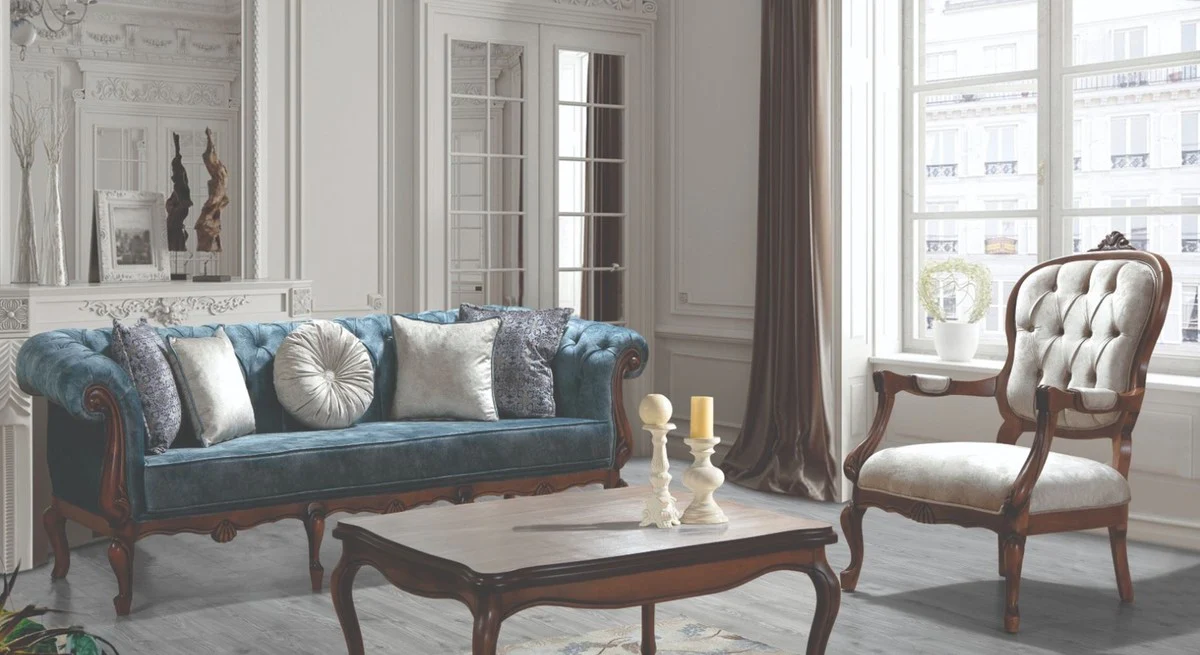 Luxury Baroque Living Room Set Blue / Gray / Brown - 2 Sofas & 2 Armchairs & 1 Coffee Table - Living Room Furniture in Baroque Style - Noble & Magnificent