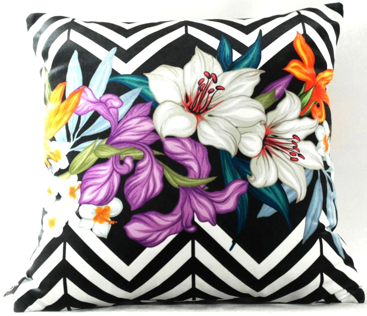 Living room cushion Georgia Flowers black / white / multicolored lily 45 x 45 cm - finest velvet fabric - luxury decorative accessories