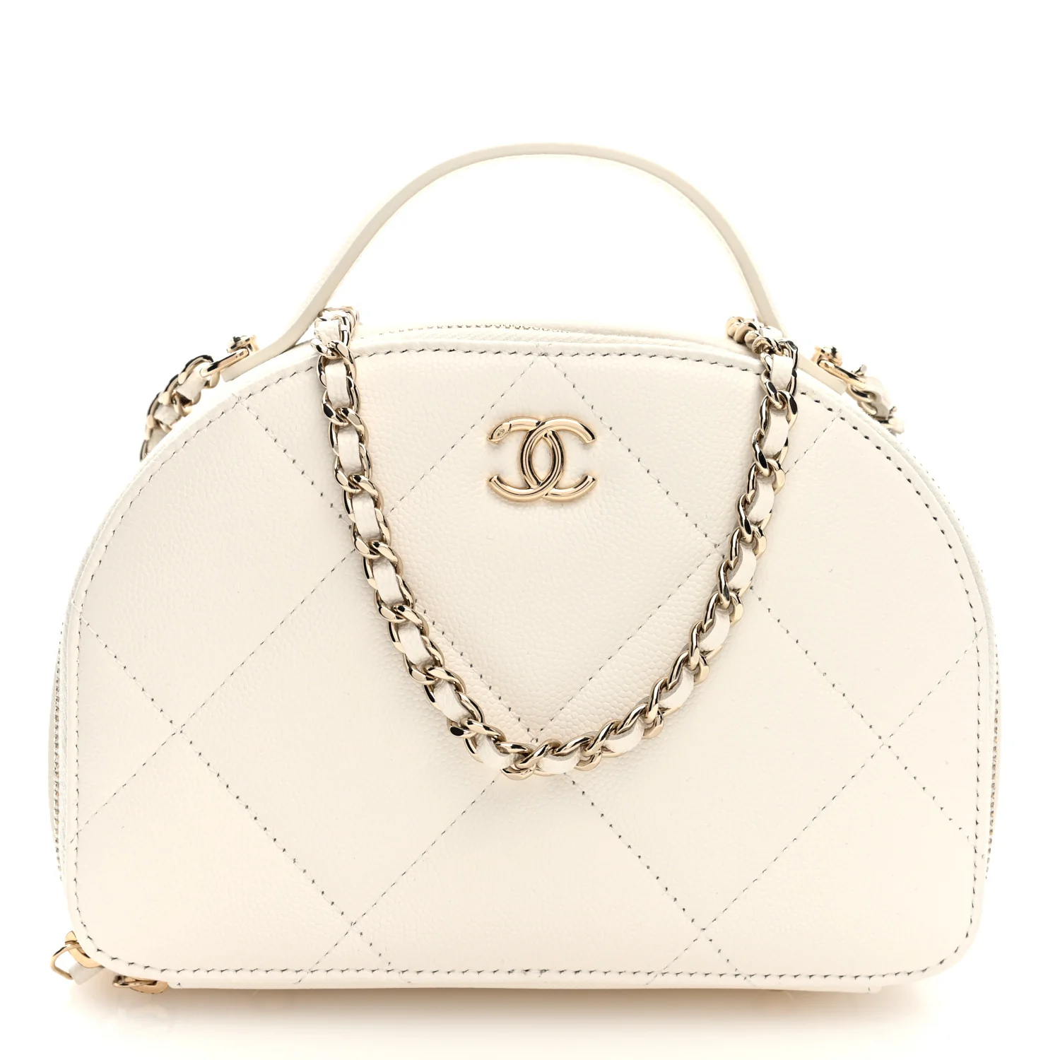Grained Calfskin Quilted Top Handle Chain Clutch White - Top Club