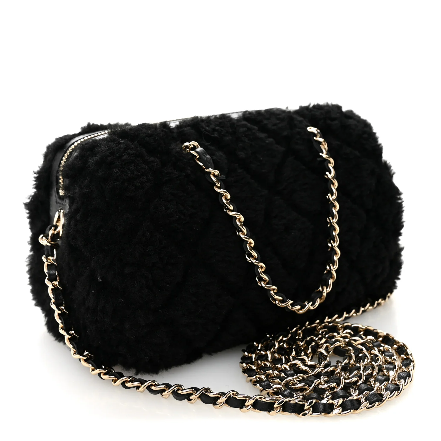 Shearling Quilted Barrel Clutch With Chain Black - Top Club