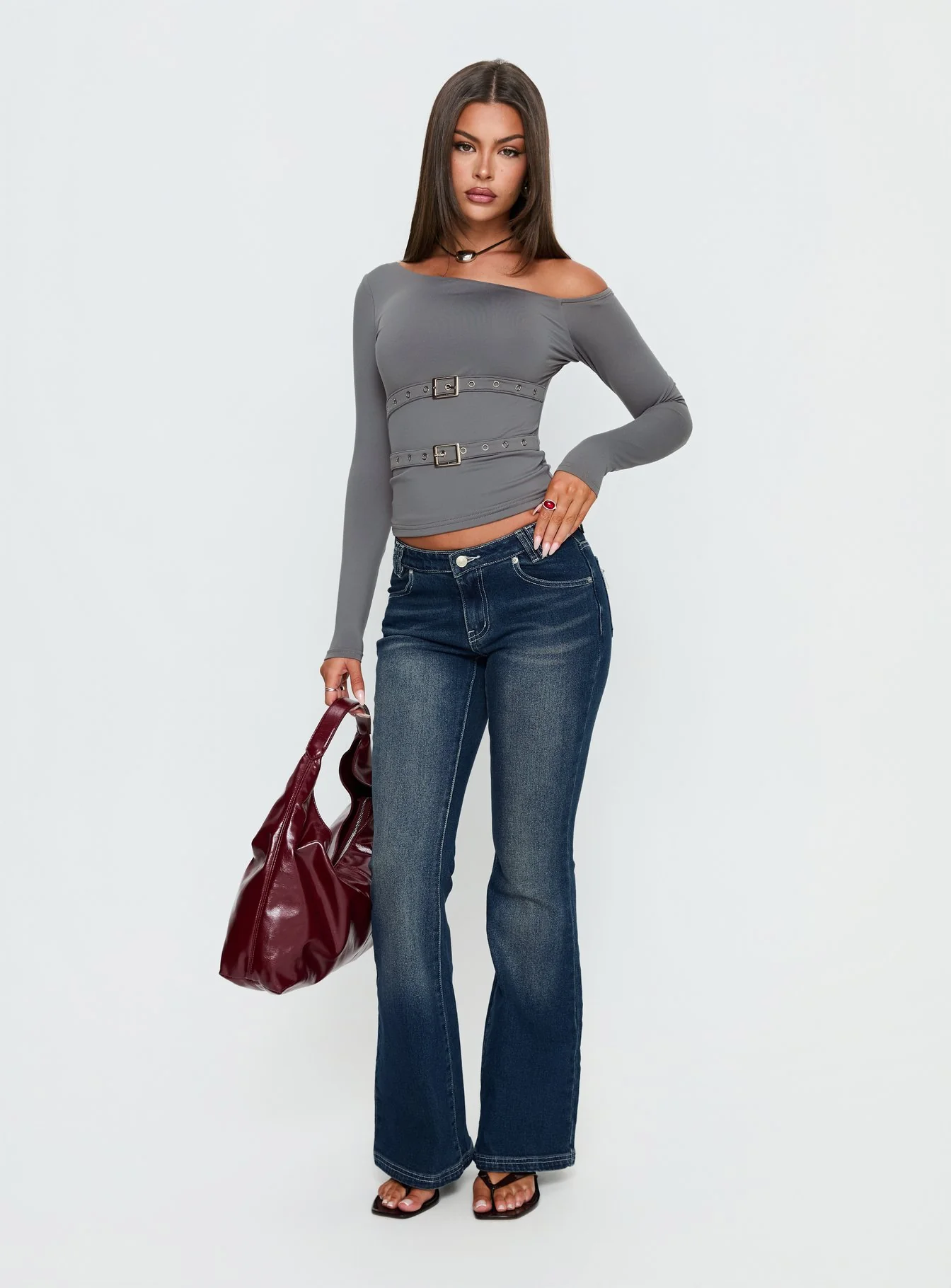 Luisana Buckle Detail One Shoulder Top Dark Grey