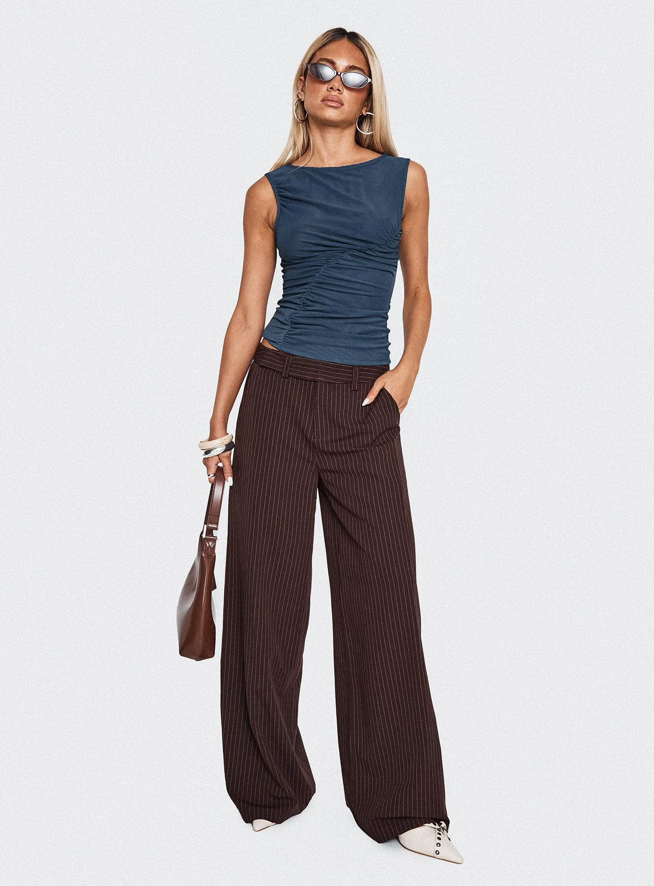 Lustre Wide Leg Pant Brown Pinstripe