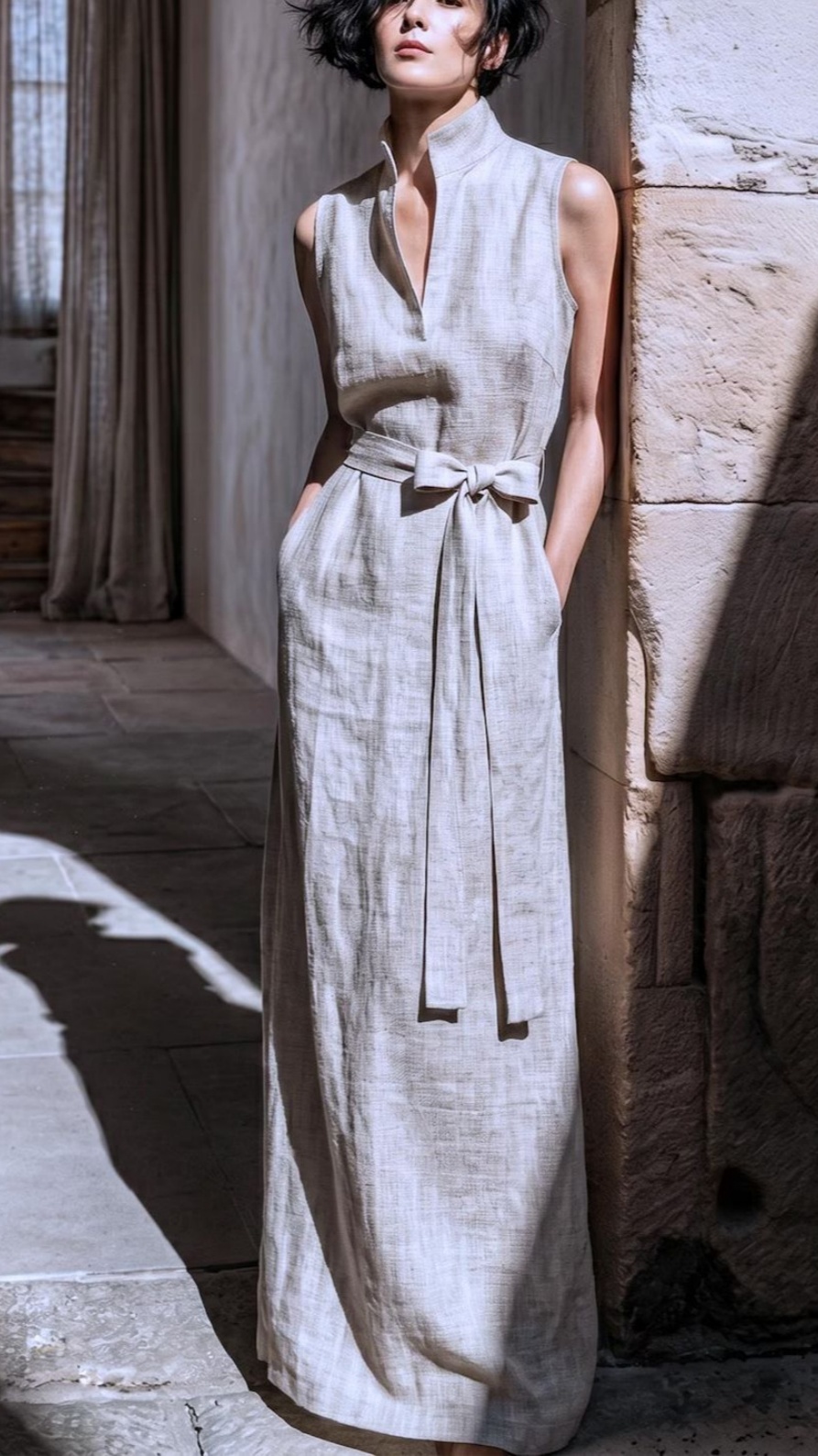 Women's Sleeveless Linen Maxi Dress with Stand Collar, Waist Tie, and Vest-Style Bodice - Nordfashionstorm - Women's Clothing, Fashion for You - Nordfashionstorm.com
