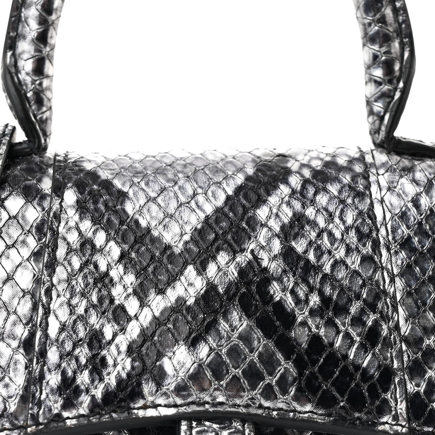 Shiny Calfskin Snakeskin Effect Hourglass Top Handle Bag Mini Silver Black - Top Club