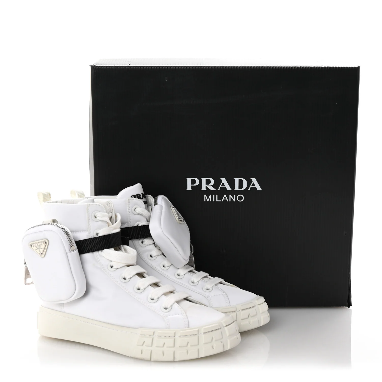 Re-Nylon Gabardine Metal Triangle Logo Wheel Pouch Pocket High Top Sneakers 36 White - Top Club