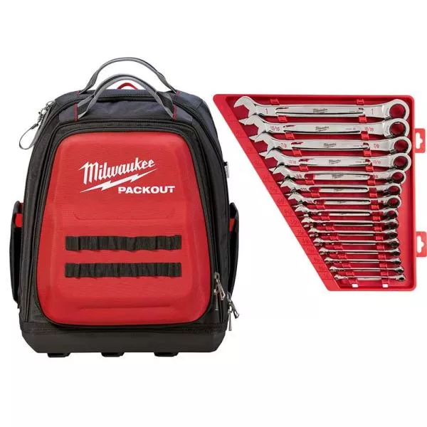 15 in. PACKOUT Backpack with SAE Combination Ratcheting Wrench Set (15 Pieces)