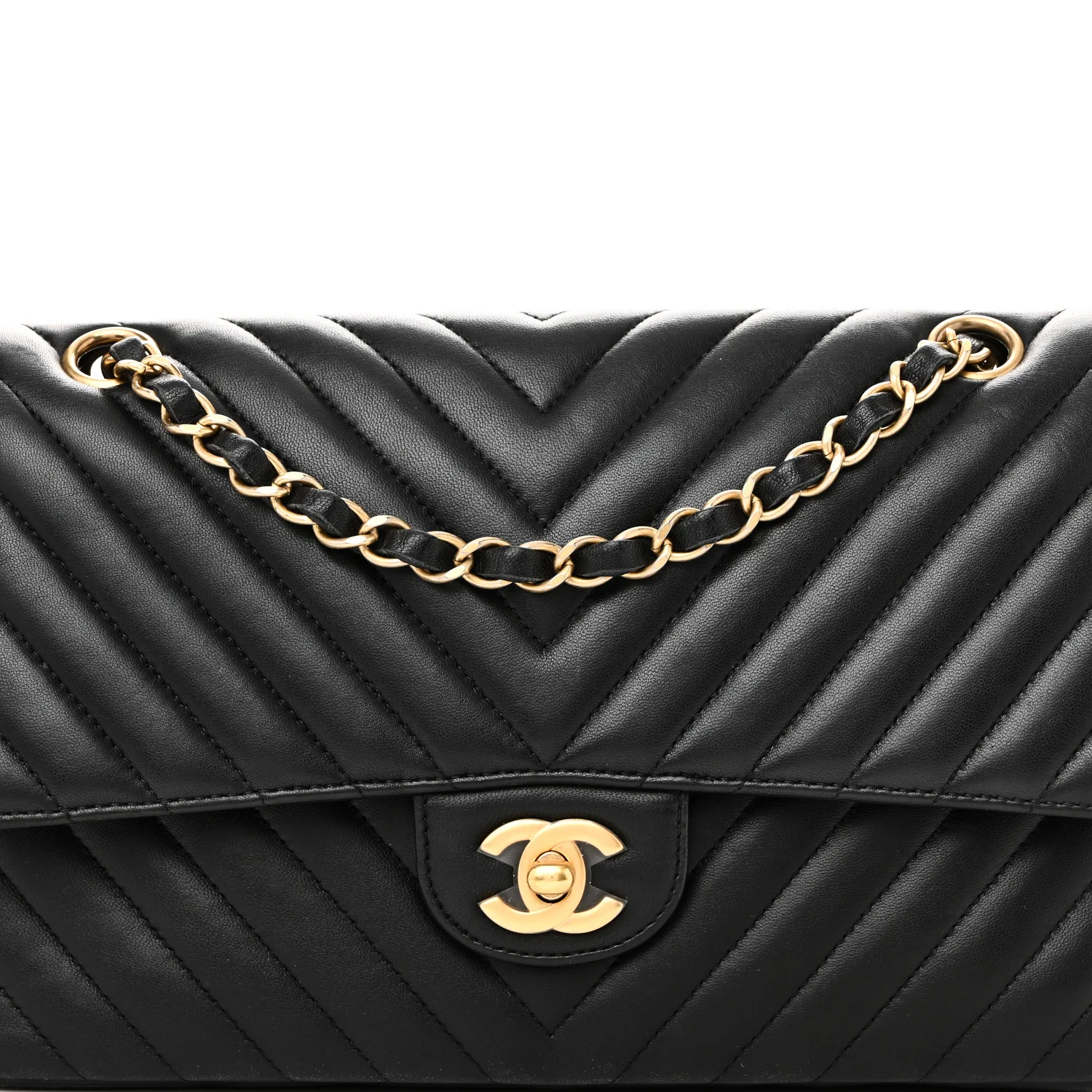 Lambskin Chevron Quilted Medium Double Flap Black - Top Club