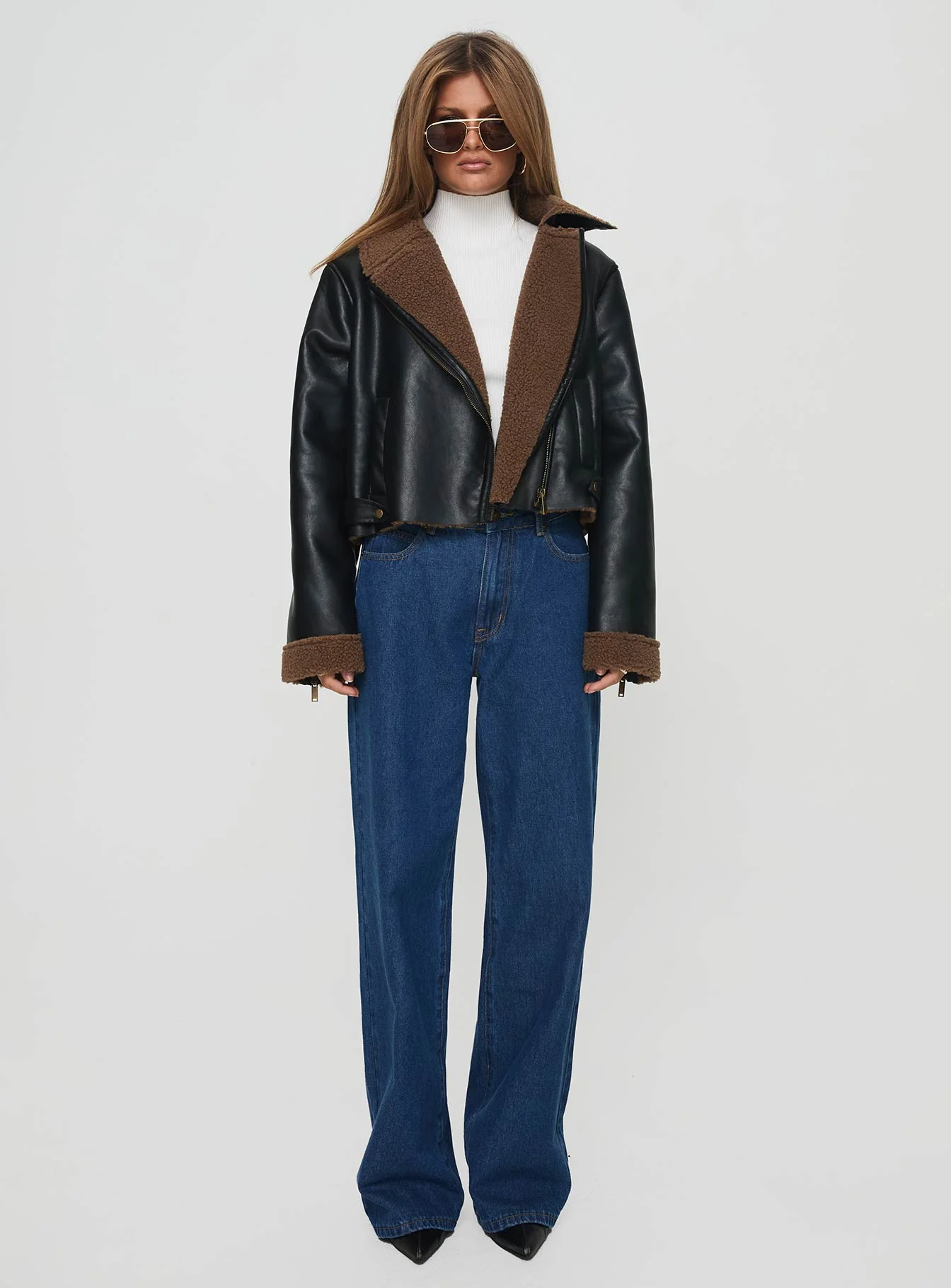 Shearling Trim Faux Leather Jacket Black