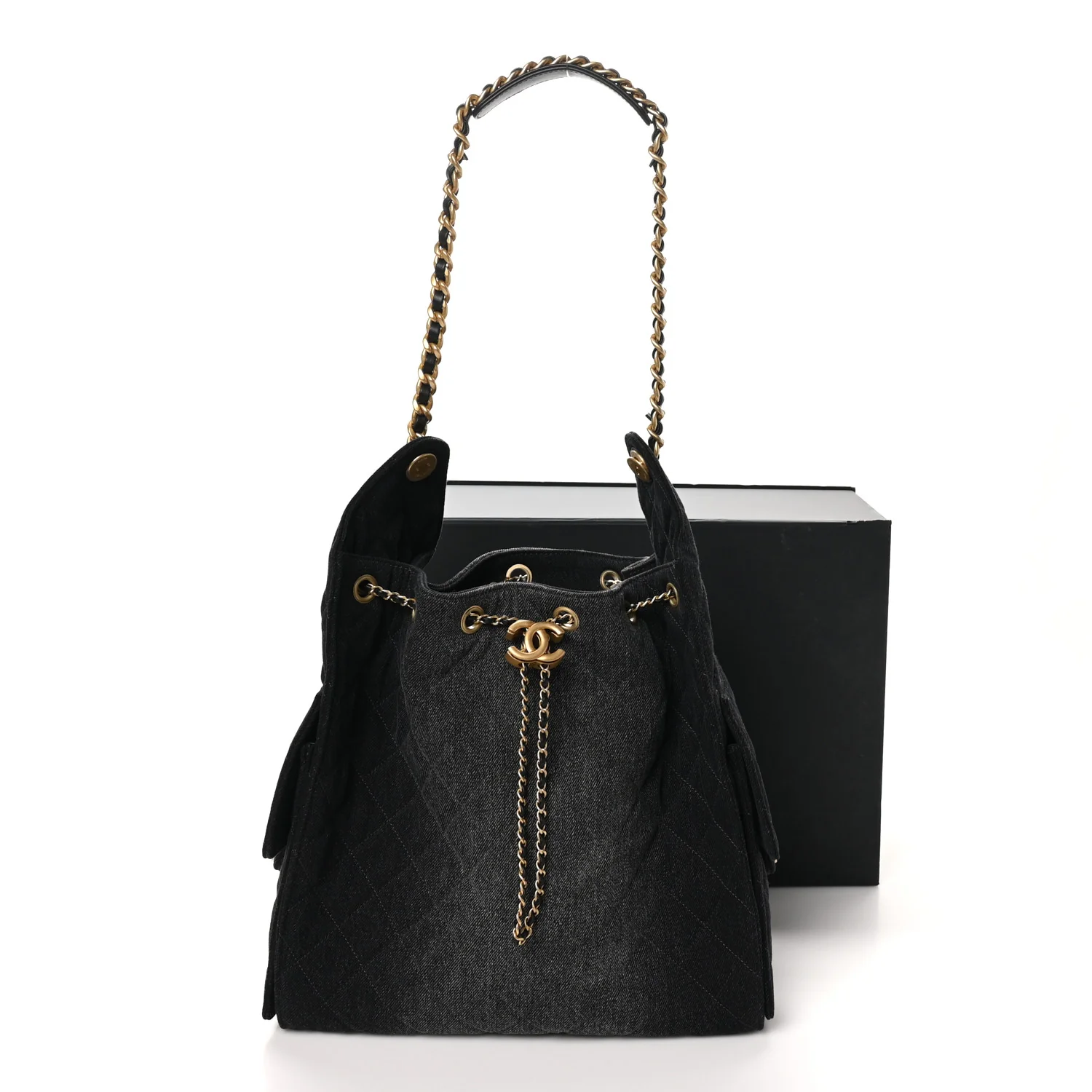 Washed Denim Quilted Medium Chanel 25 Handbag Black - Top Club