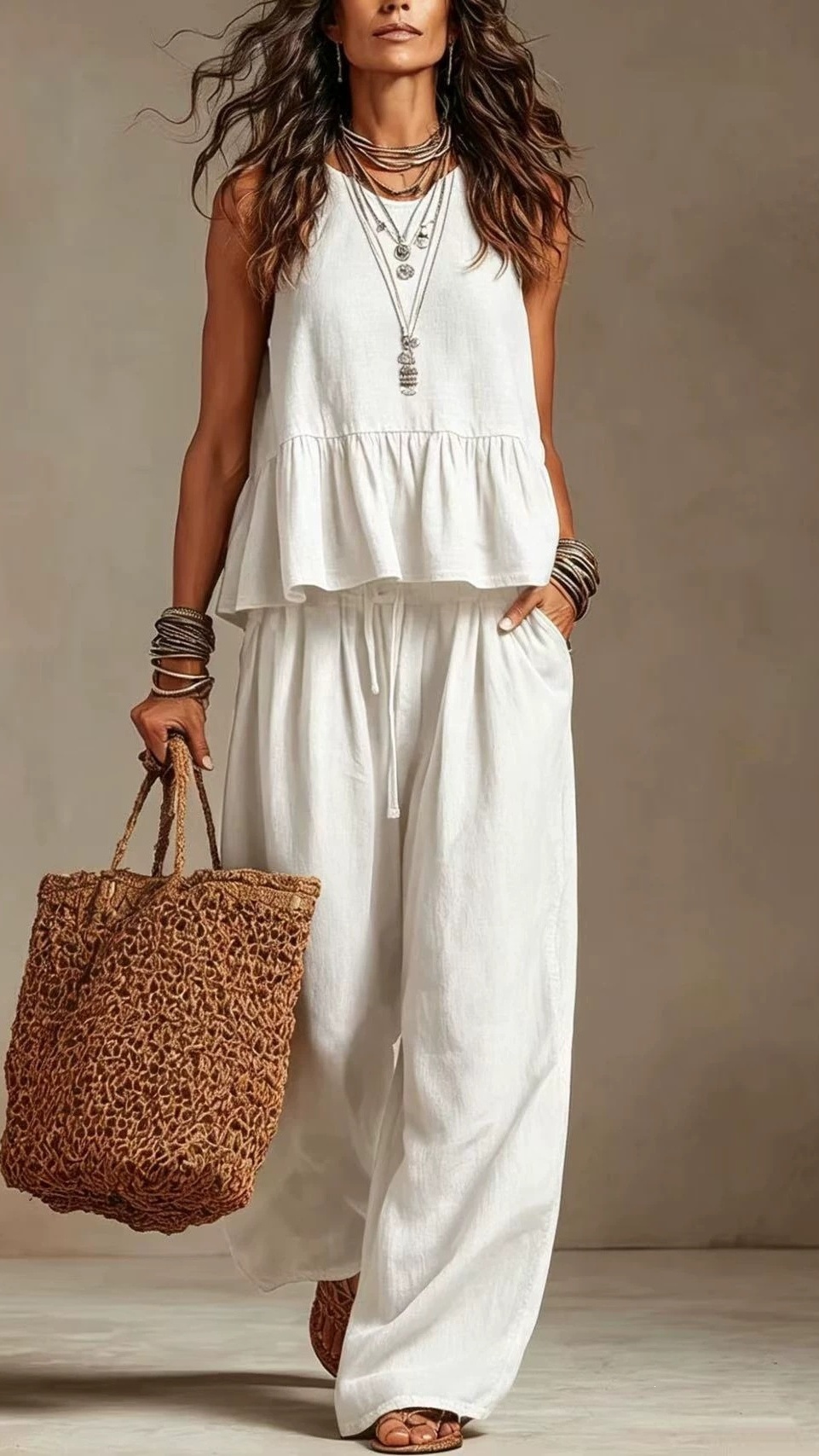 Women's Cotton-Linen Two-Piece Set: Ruffled Sleeveless Top & Wide-Leg Pants - Nordfashionstorm - Women's Clothing, Fashion for You - Nordfashionstorm.com