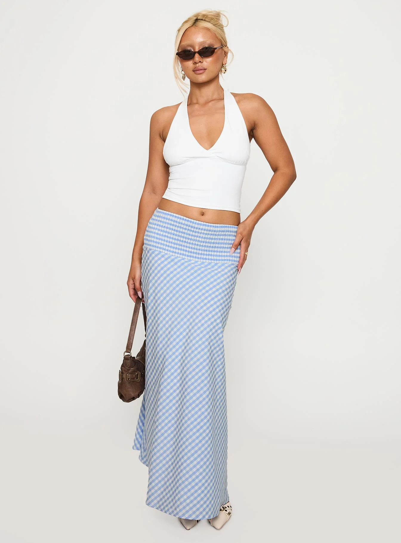 Every Girl Shirred Maxi Skirt Blue Check