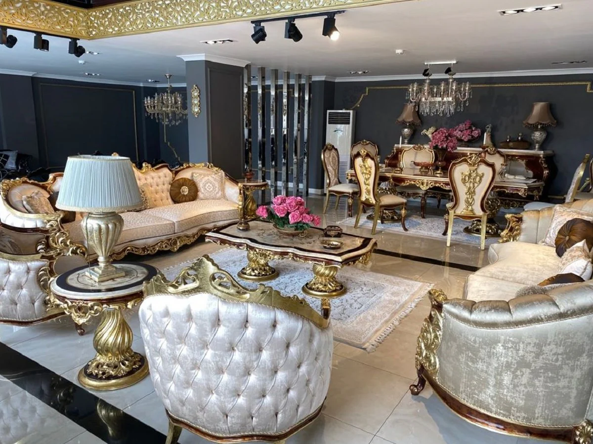Luxury Baroque Living Room Set Silver / Brown / Gold - 2 Sofas & 2 Armchairs & 1 Coffee Table & 2 Side Tables - Handcrafted Living Room Furniture in Baroque Style - Noble & Magnificent