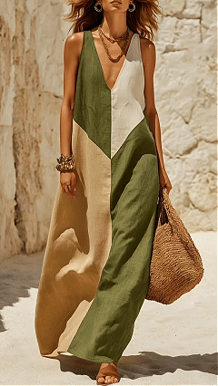 Women's Green & Beige Color Block V-neck Sleeveless Maxi Dress - Nordfashionstorm - Women's Clothing, Fashion for You - Nordfashionstorm.com