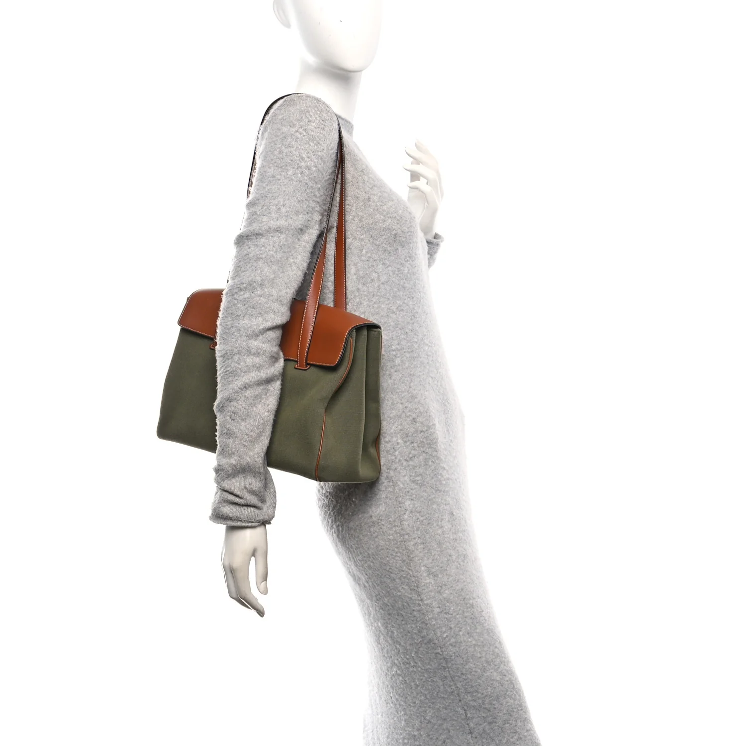 Canvas Calfskin Medium Soft 16 Top Handle Bag Khaki Tan