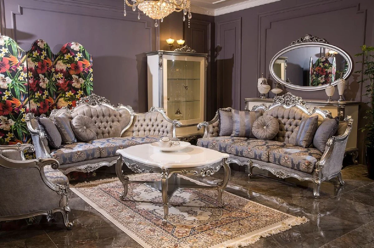 Luxury baroque living room set gray / blue / silver - 2 baroque sofas & 2 baroque armchairs & 1 baroque coffee table - living room furniture in baroque style - baroque furniture - baroque furnishings