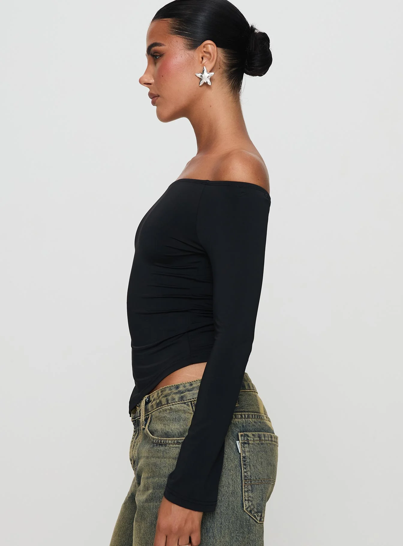 Endellion Off Shoulder Long Sleeve Top Black