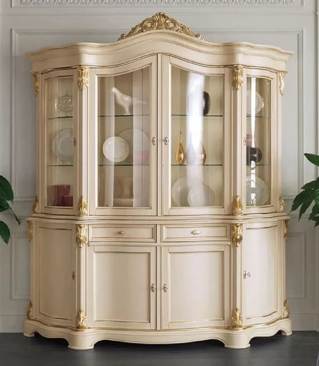 Luxury Baroque display cabinet cream / gold - Handcrafted solid wood display cabinet with 8 doors and 2 drawers - Magnificent Baroque furniture - Luxury quality - Made in Italy