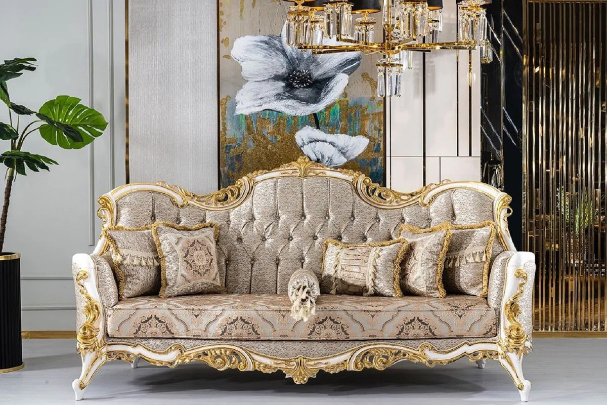 Luxury Baroque Living Room Set Silver / Beige / Black / White / Gold - 2 Baroque Sofas & 2 Baroque Armchairs & 1 Baroque Coffee Table - Luxury Living Room Furniture in Baroque Style - Baroque Furniture