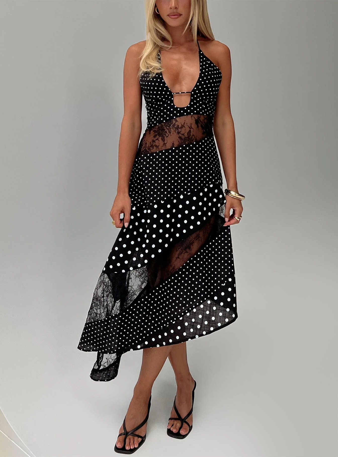 Down With Love Asymmetrical Midi Dress Black / White Polka Dot