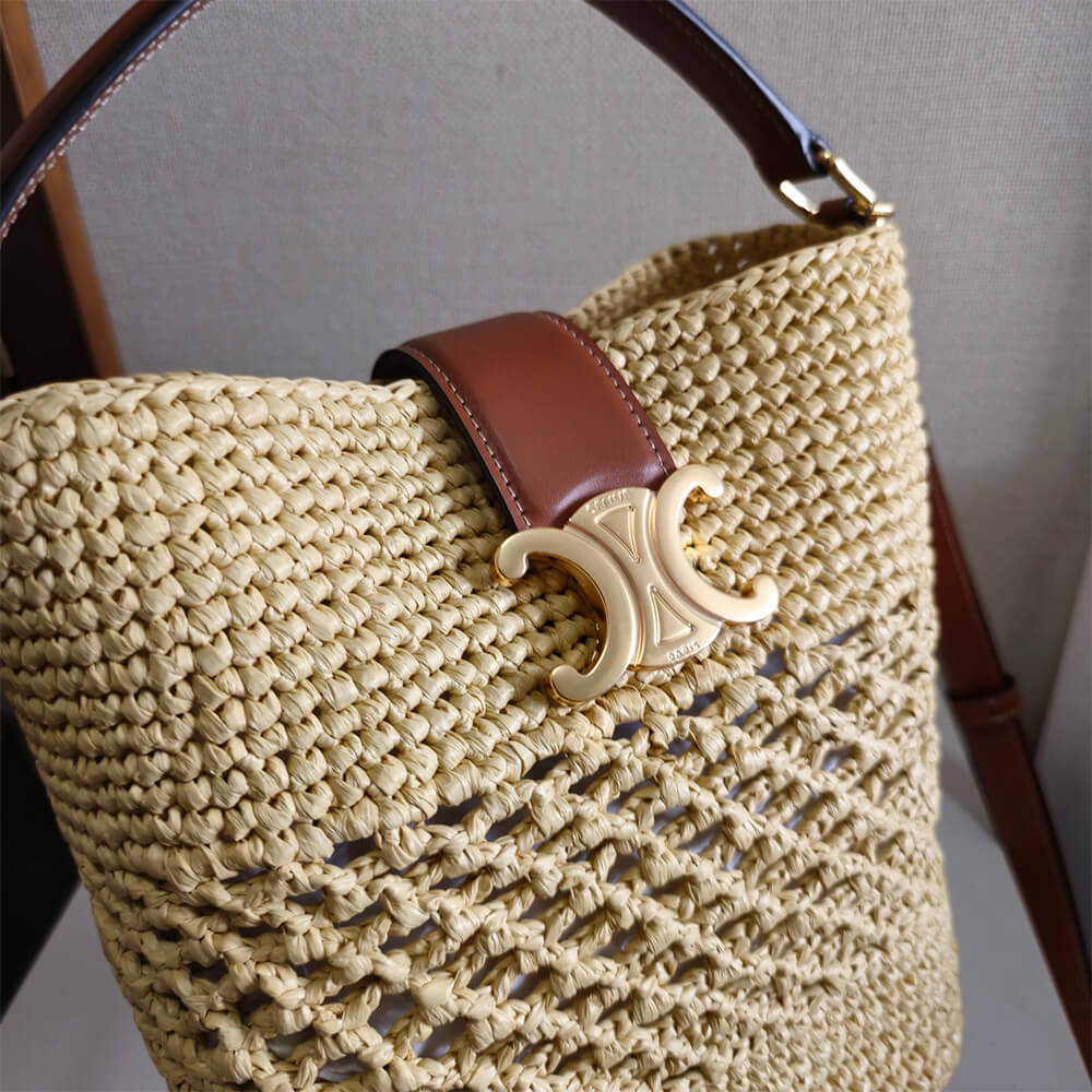 CELINE SMALL LOUISE BUCKET IN RAFFIA AND CALFSKIN(HIGH-END GRADE) - Top Club