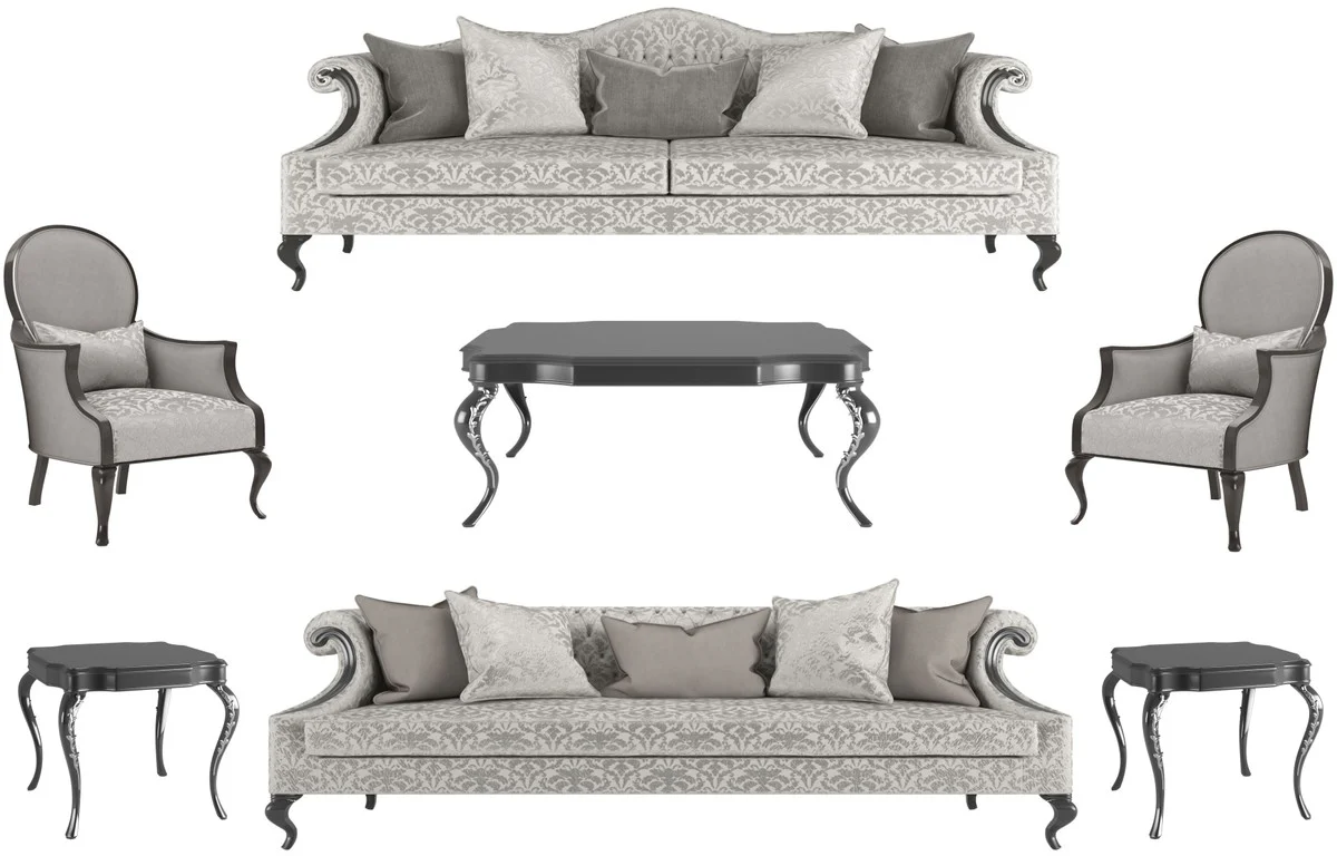 Luxury Baroque Living Room Set Silver / Gray / Black - 2 Sofas & 2 Armchairs & 1 Coffee Table & 2 Side Tables - Living Room Furniture in Baroque Style - Noble Baroque Furniture