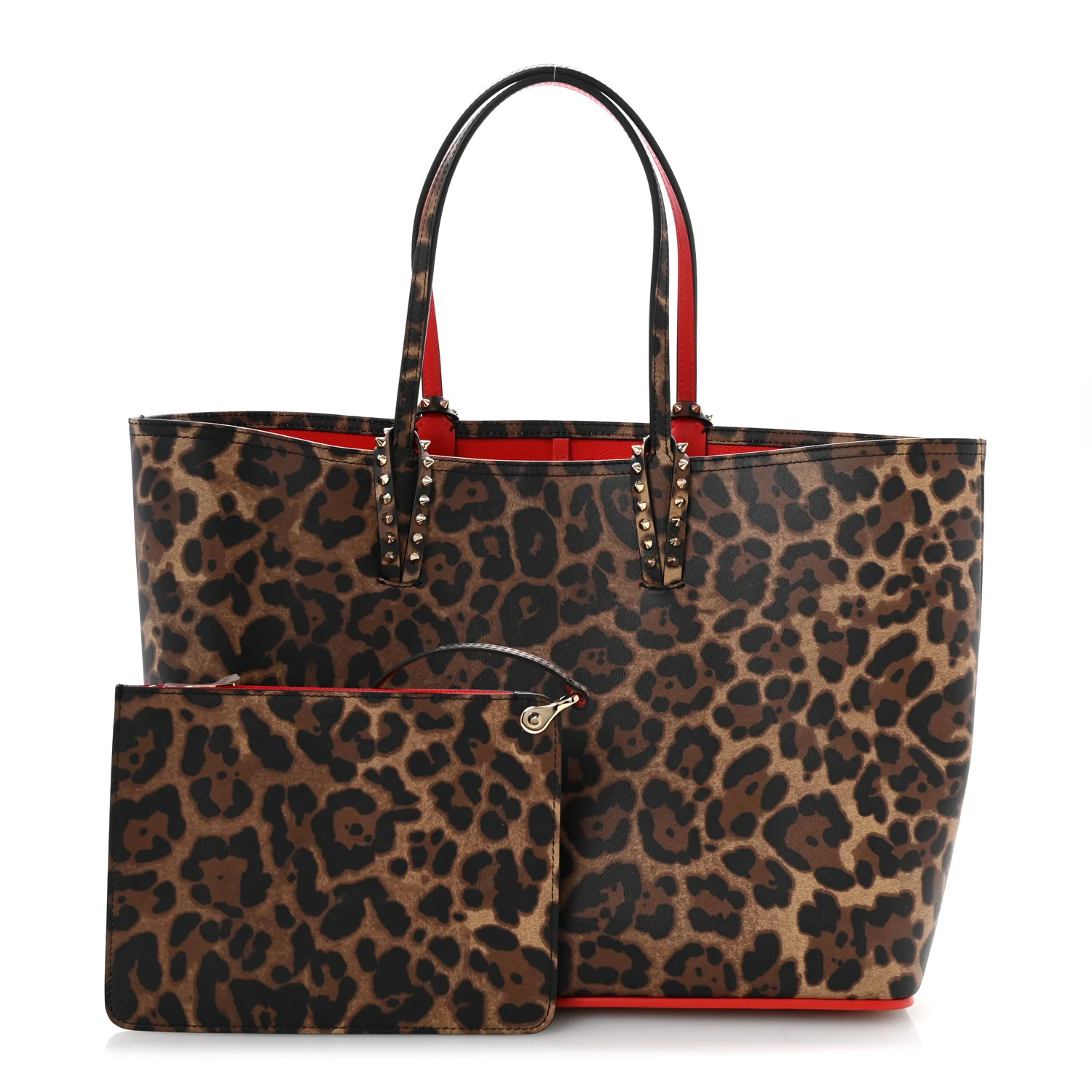 Calfskin Leopard Print Spikes East West Cabata Tote Brown - Top Club