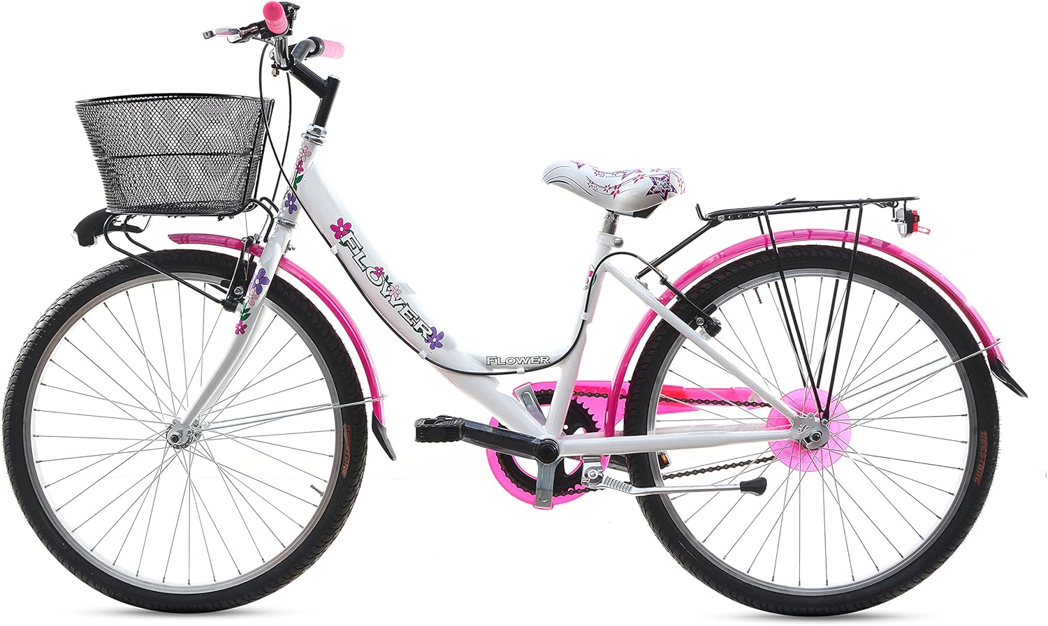 MADICKS Bicicletta Bambina Ragazza da Passeggio Misura 24 Bici con Cestino Floreale Bianco Rosa Fluo