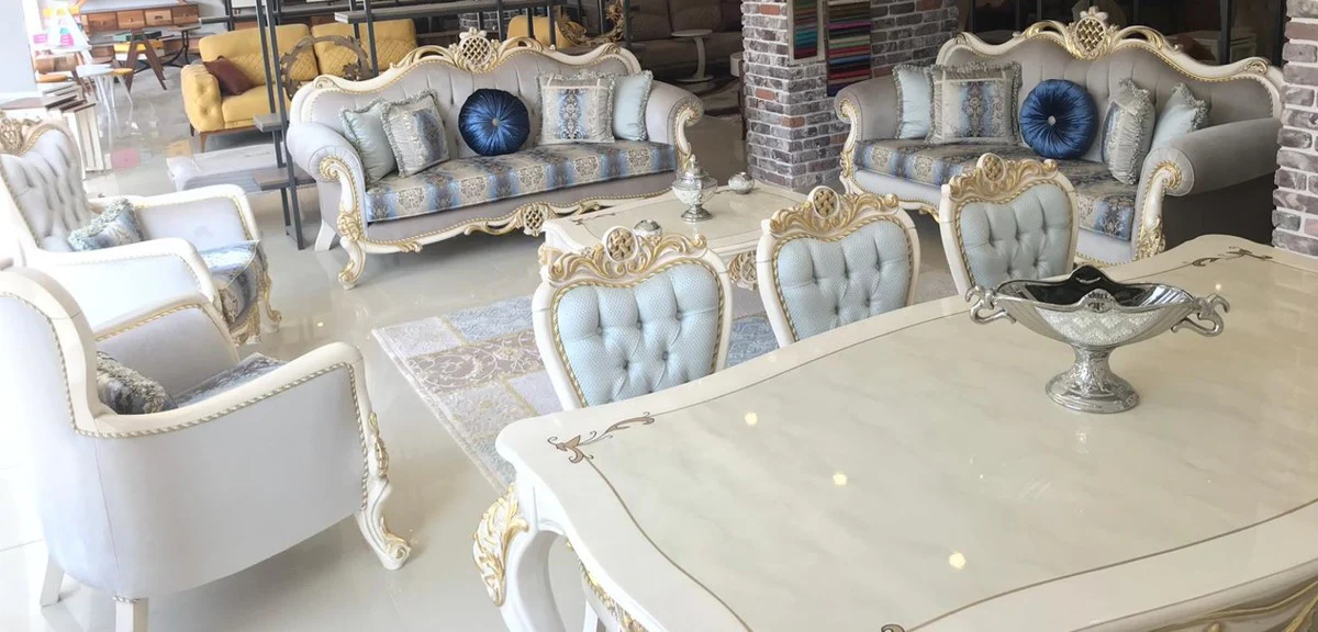 Luxury Baroque Living Room Set Gray / Blue / White / Gold - 2 Sofas & 2 Armchairs & 1 Coffee Table - Living Room Furniture in Baroque Style - Noble & Magnificent