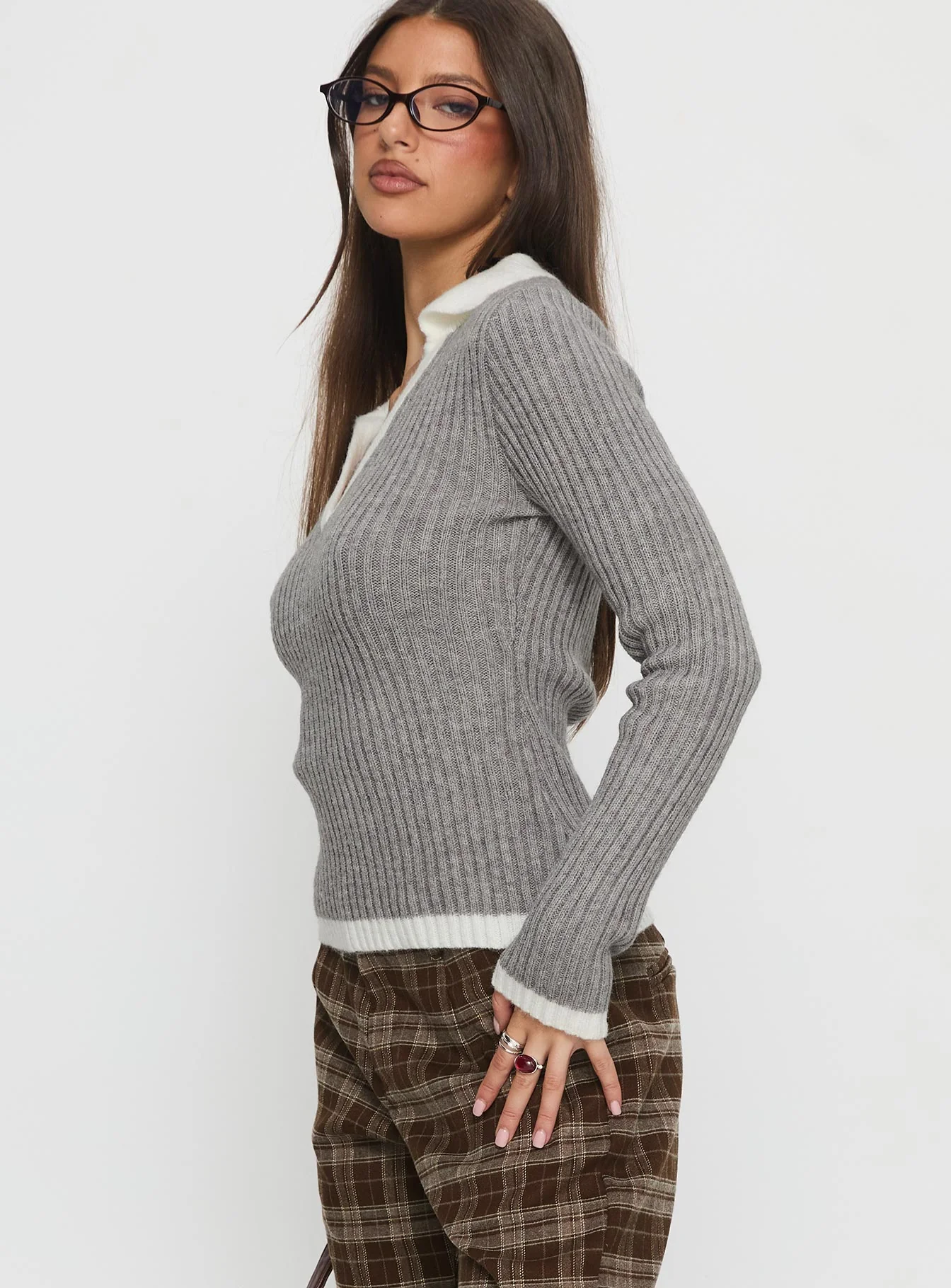 Skylen Long Sleeve Collared Top Grey
