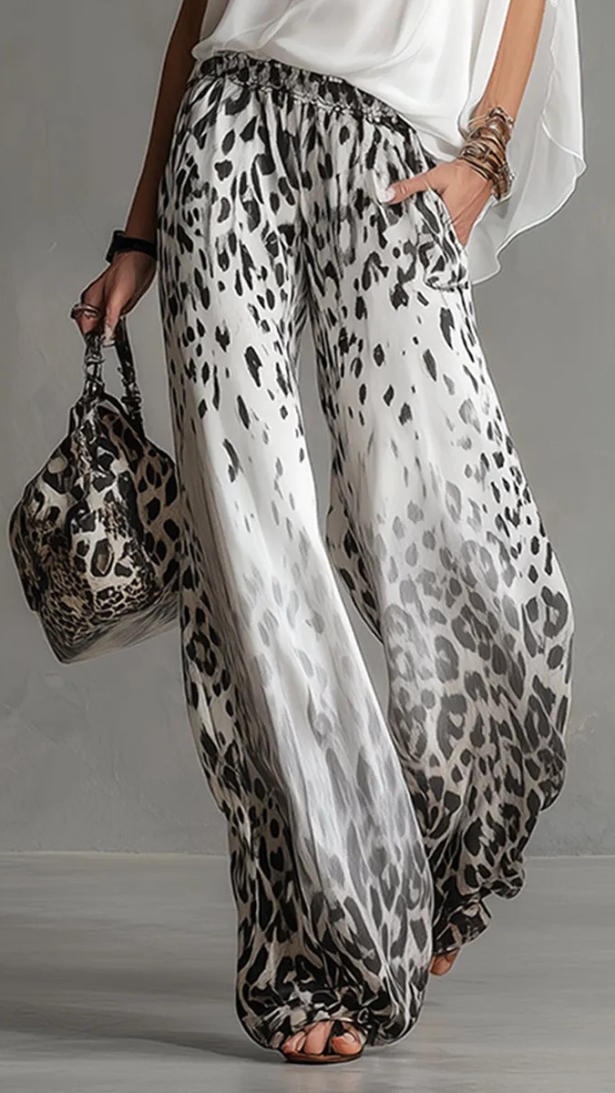 Women's Fashion Two-Piece Set: White T-Shirt & Leopard Print Chiffon Pants - Nordfashionstorm - Women's Clothing, Fashion for You - Nordfashionstorm.com