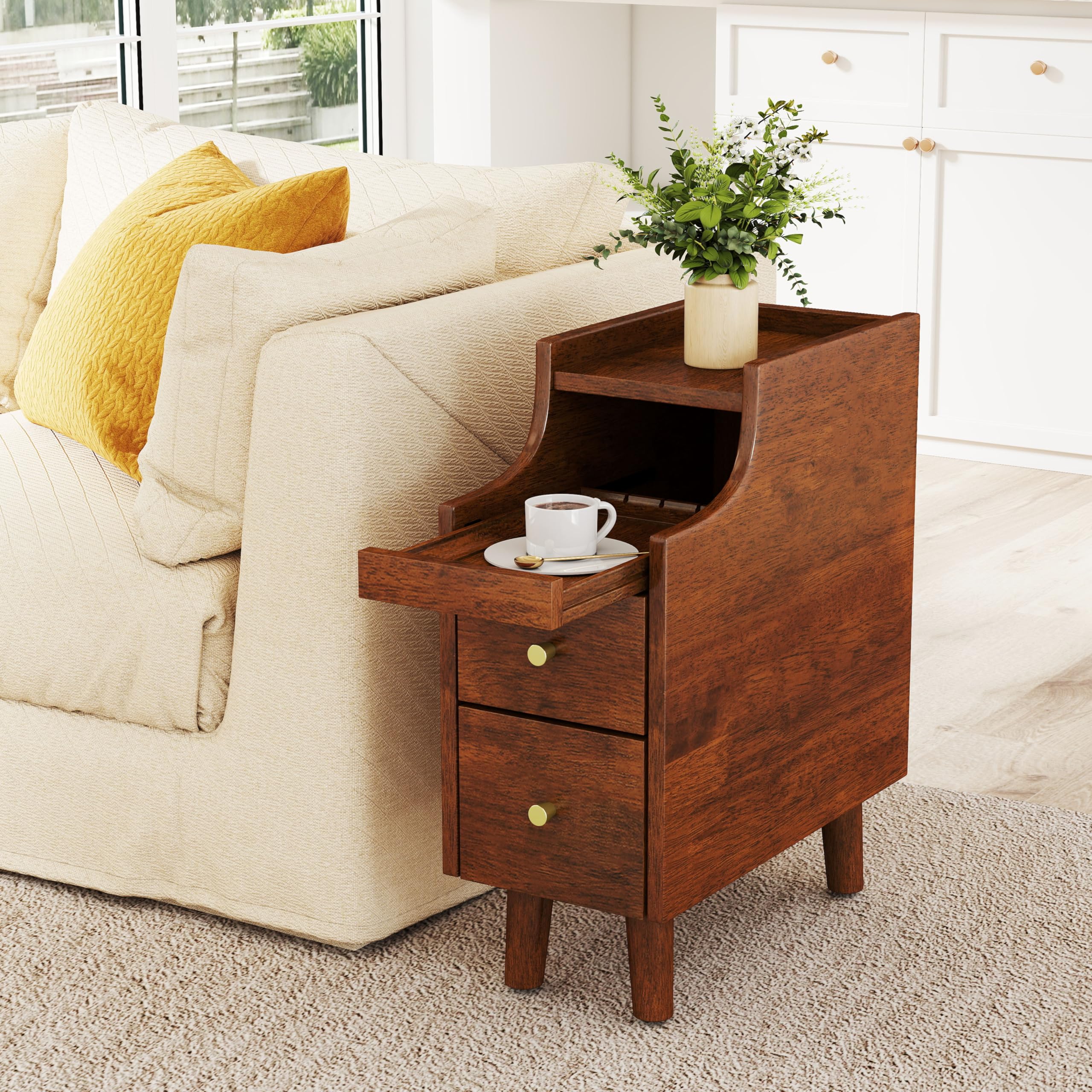 BEFOUNDLOVELY Narrow Nightstand with Pull-Out Tray & 2 Storage Drawers