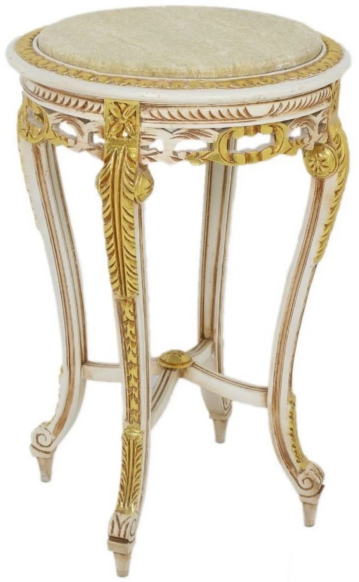 Baroque side table with marble top white / beige / gold / cream Ø 40 x H. 60 cm - Round antique style table - Baroque living room furniture