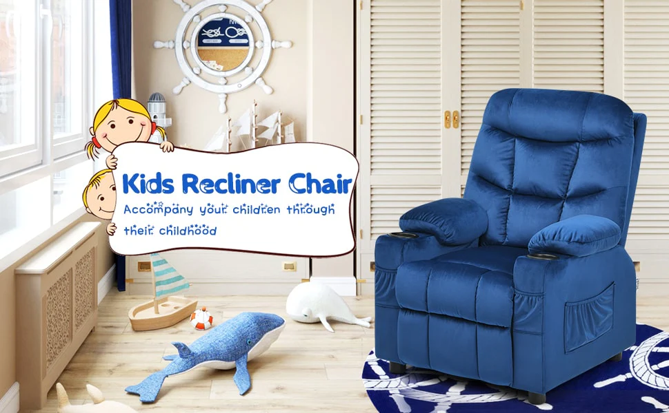 Eletriclife Kids Recliner Chair Adjustable Velvet Lounge Sofa with Cup Holders & 3 Pockets