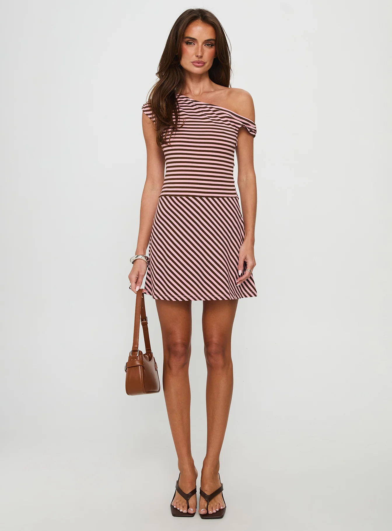 My Fun Off Shoulder Jersey Mini Dress Pink / Brown Stripe