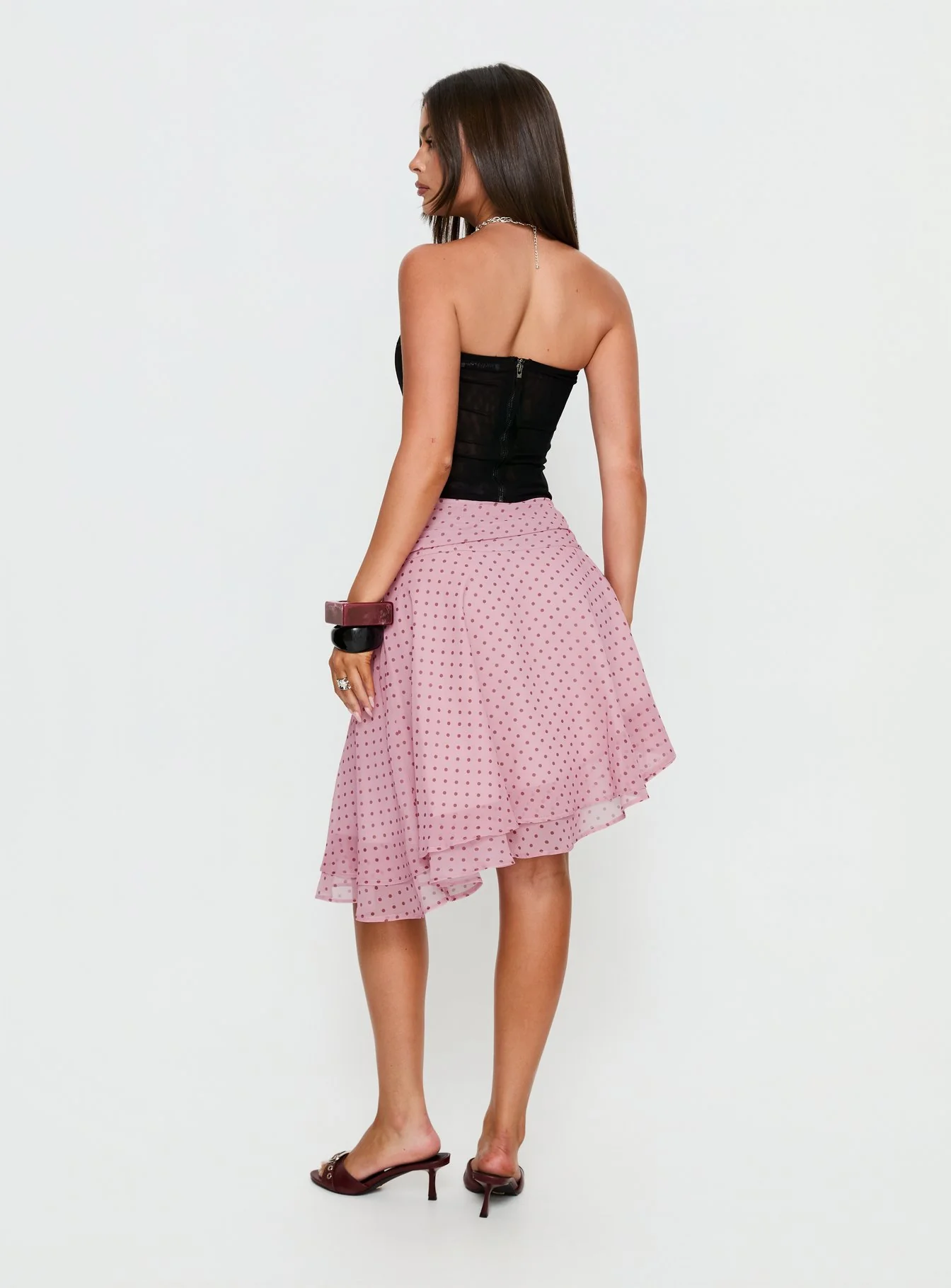 Evanescence Asymmetrical Midi Skirt Pink Polka Dot