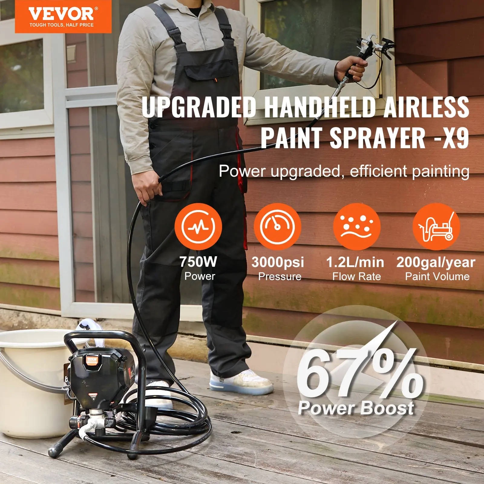 VEVOR 750W Stand Airless Paint Sprayer Machine, 3000PSI Handheld Paint Sprayer Tool with Hose, Multi-Surface Spray Guns for Home Interior & Exterior Furniture, Father's Day Gift, Adjustable Paint Sprayer, Sprayer Attachment