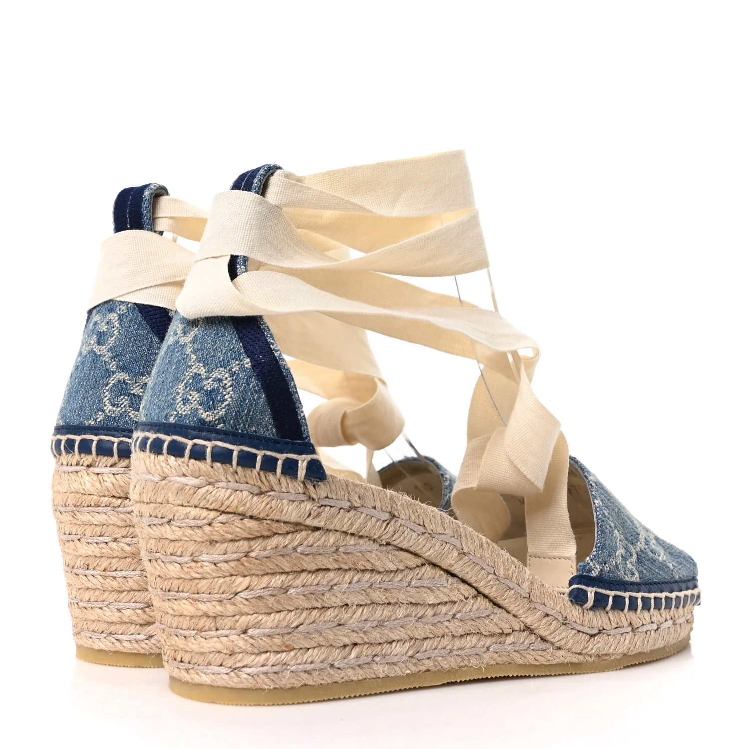 New Denim GG Monogram Pilar Ankle Wrap Espadrille Wedge Sandals 36.5 Light Blue - Top Club