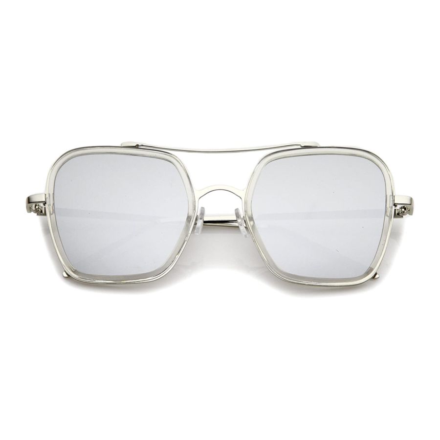 Modern Slim Temple Browbar Color Mirrored Flat Lens Square Sunglasses 52mm