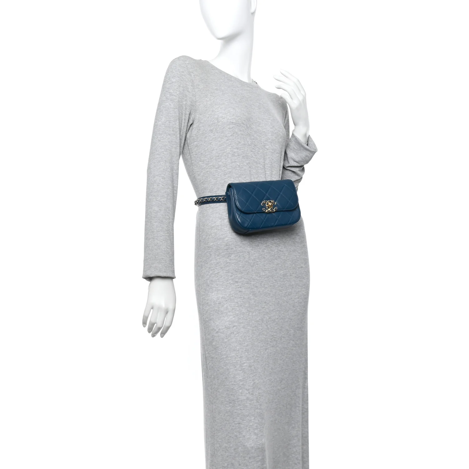 Lambskin Quilted Chain Infinity Waist Belt Bag Blue