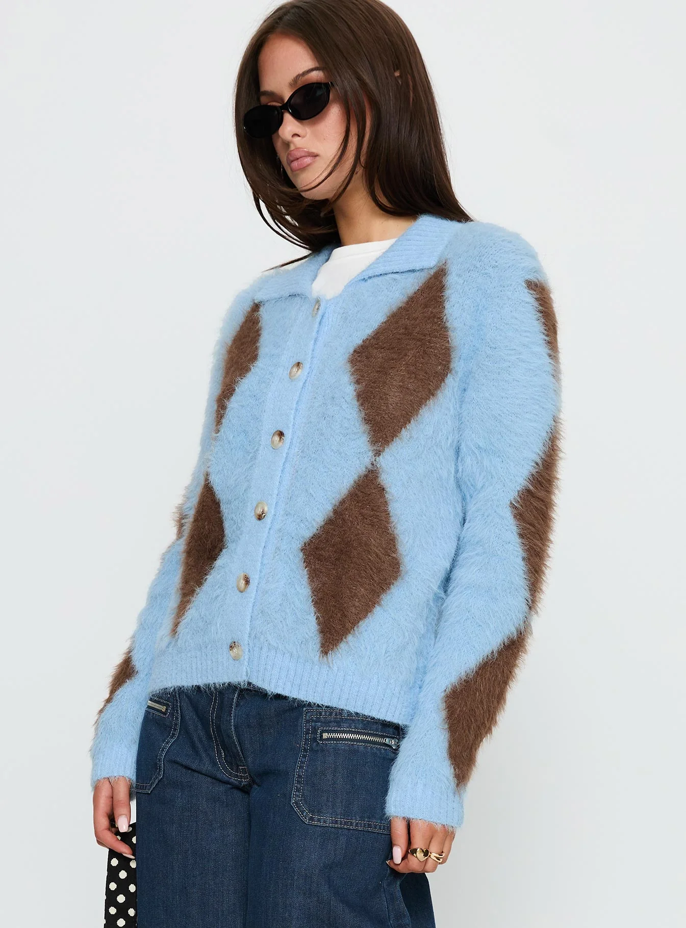Lynnsey Fluffy Collared Knit Sweater Blue Argyle