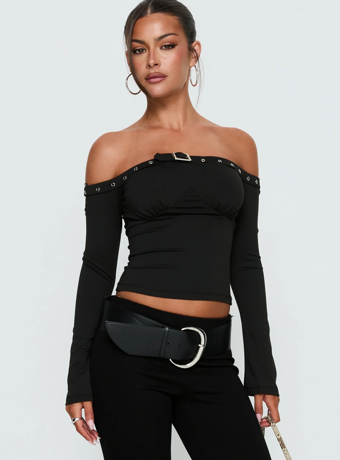 Mansa Off Shoulder Buckle Detail Top Black