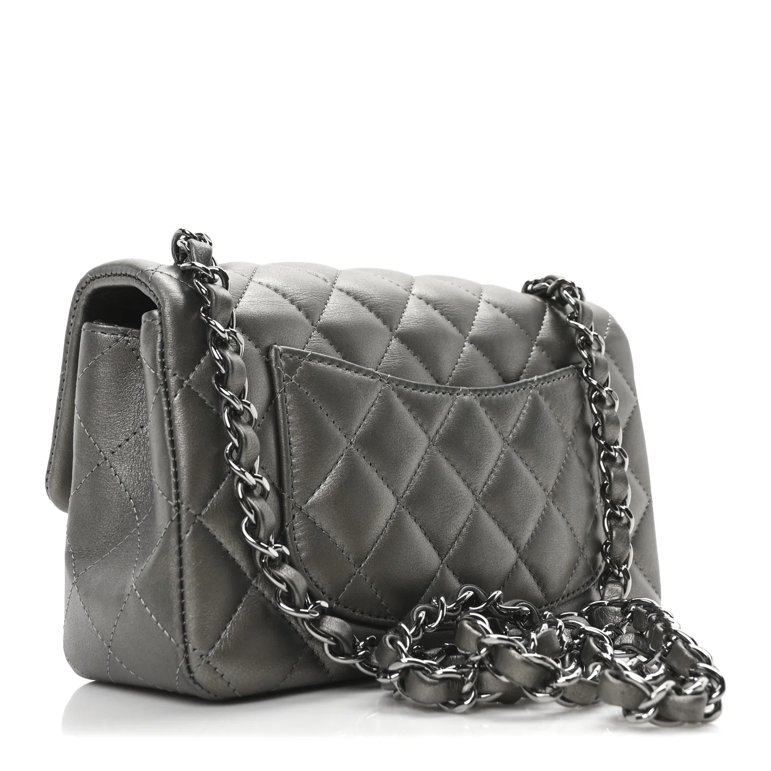 Metallic Lambskin Quilted Mini Rectangular Flap  Dark Grey - Top Club