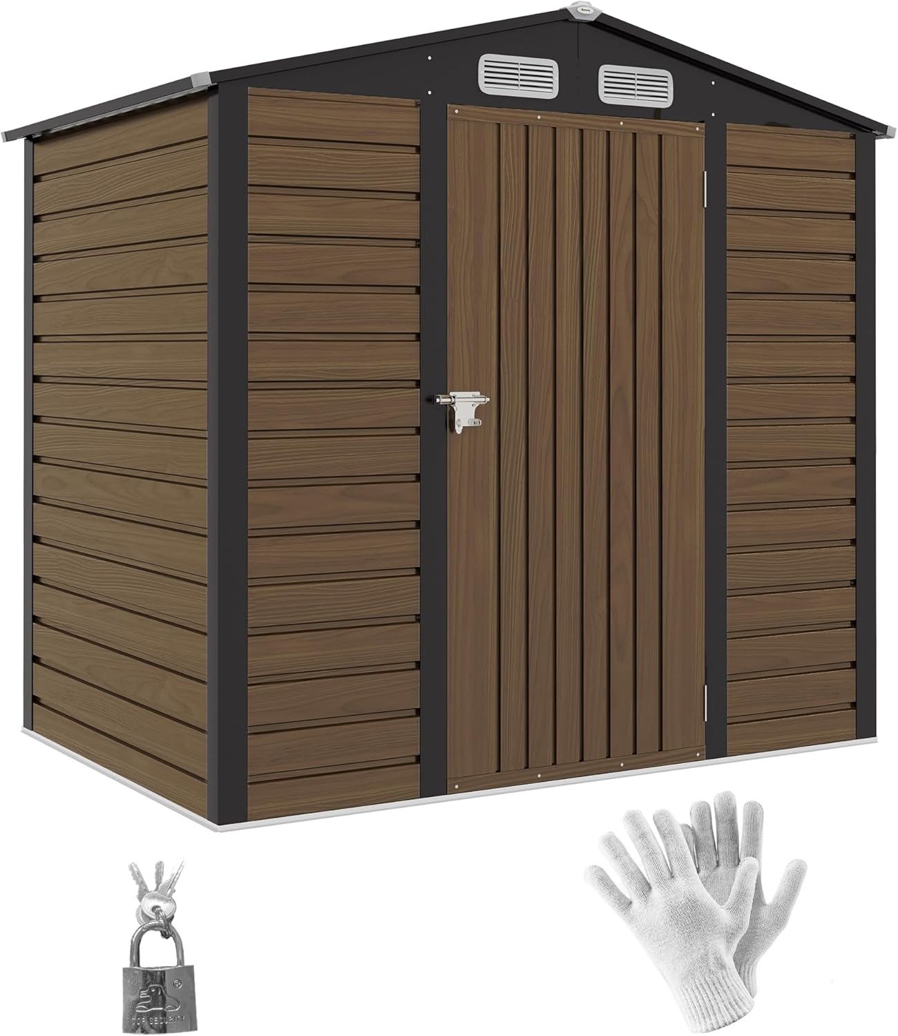 Outsunny Casetta da Giardino 1.9x1.3 m in Acciaio, Capanno Porta Attrezzi in Lamiera con Prese d'Aria e Catenaccio, Colore Quercia